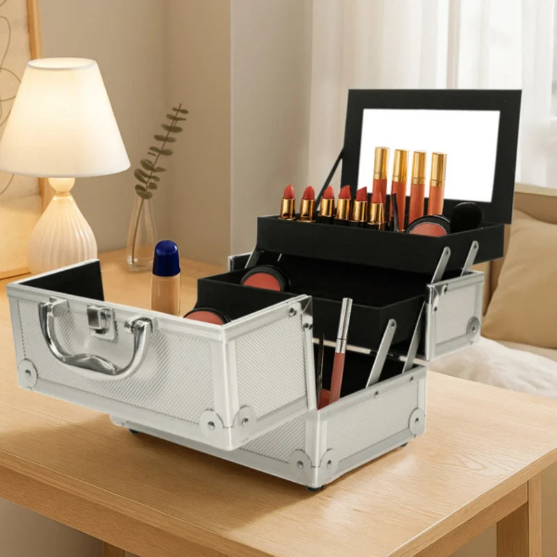 Portable Top-opening With Mirror, Aluminum Alloy, Silver Color, Makeup Box, SM-2176